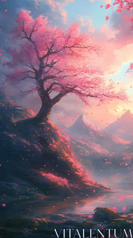 Blossoming sakura above misty valley and distant peaks.