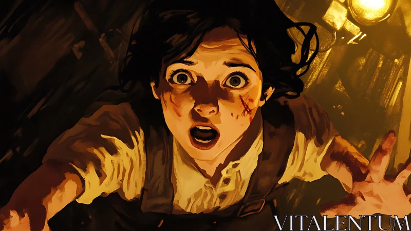 Panicked heroine reaches upward in a dramatic golden fall