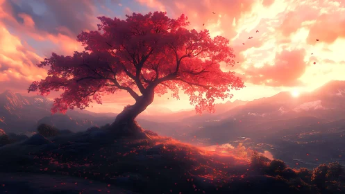 Solitary pink tree stands on a hill above a glowing valley