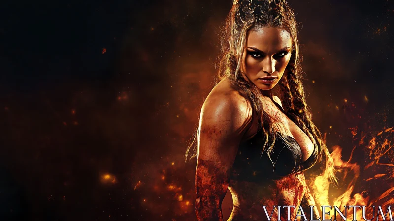 Fierce warrior woman emerges from swirling inferno flames.