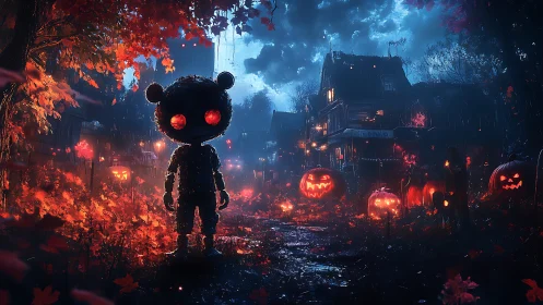 Silhouetted figure in pumpkin-lit rainy neighborhood at dusk.