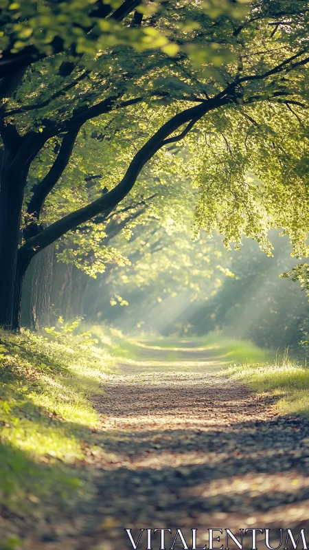 Sunlit forest path curves through tranquil green canopy.
