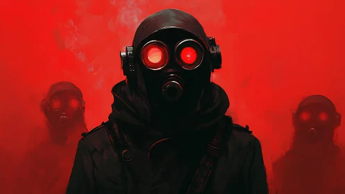 Masked figures in red haze with glowing goggles stand united.