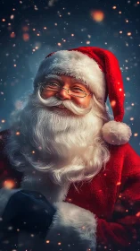 High-fidelity Santa portrait with luminous bokeh sparkle field.