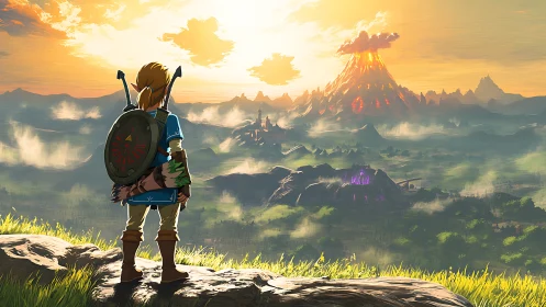 Armored adventurer surveying volcanic fantasy landscape vista.