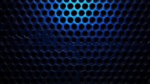 Blue metallic perforated sheet abstract pattern with lighting.