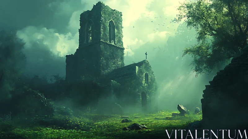Ruined stone church in overgrown forest clearing at dawn.