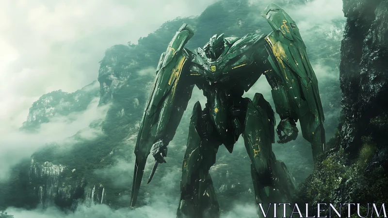 Emerald bipedal combat mecha in misty karst mountain pass