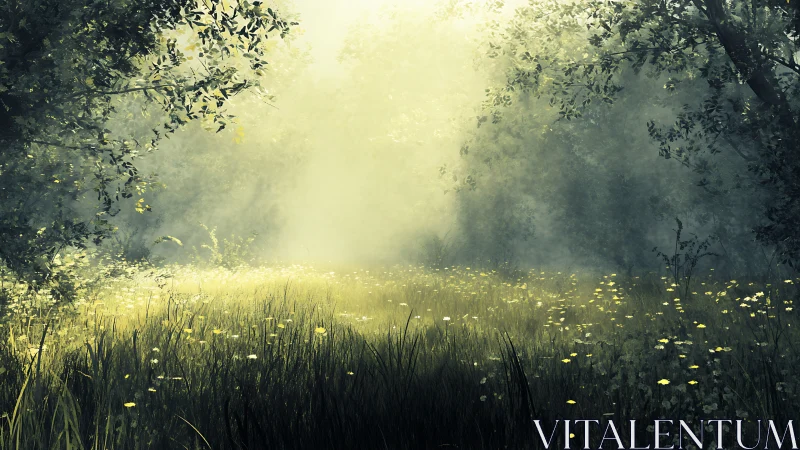 Sunlit forest clearing with dreamy wildflower whispers.