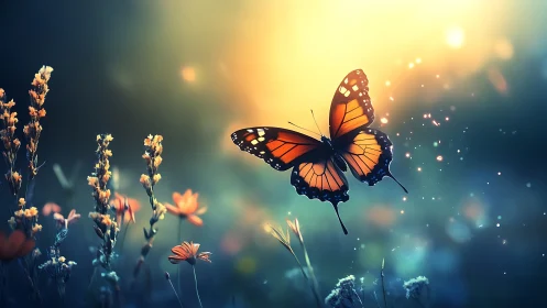 Monarch butterfly in golden bokeh meadow at sunset light.