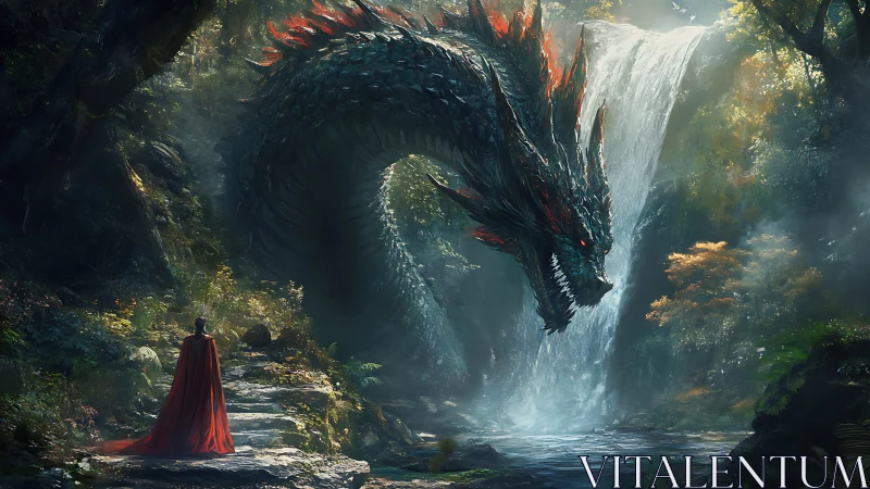 Colossal forest dragon confronting lone cloaked warrior.