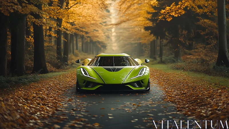 Lime green supercar gliding through a golden autumn tunnel.