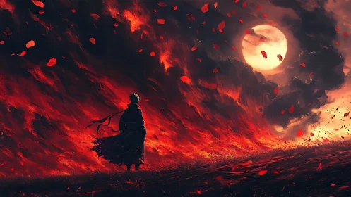 Moonlit wanderer walks the burning wind of crimson petals