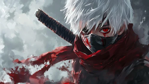 Silver‑haired nightblade wrapped in storm and scarlet ruin.