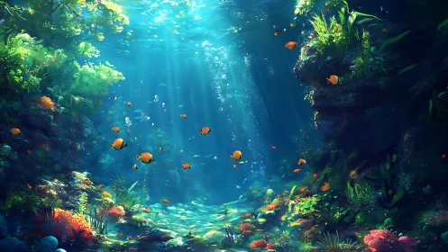 Sunlit reef whispers as golden fish stitch wandering paths