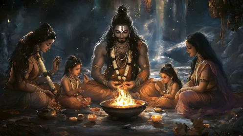 Ritual firelit tableau of divine family in cavernous sanctum.