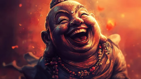 Laughing Buddha radiates warm joy in glowing orange light