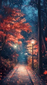 Night pathway runs through autumn forest under lamplight