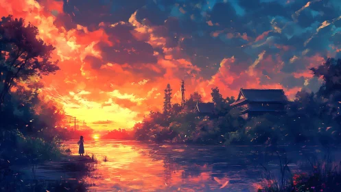 Sunset river with distant houses and solitary figure.