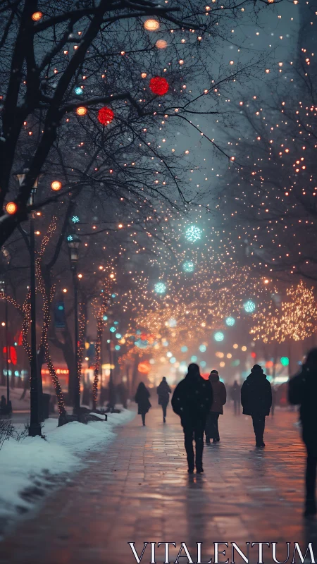 Winter city street with pedestrians under festive lights.