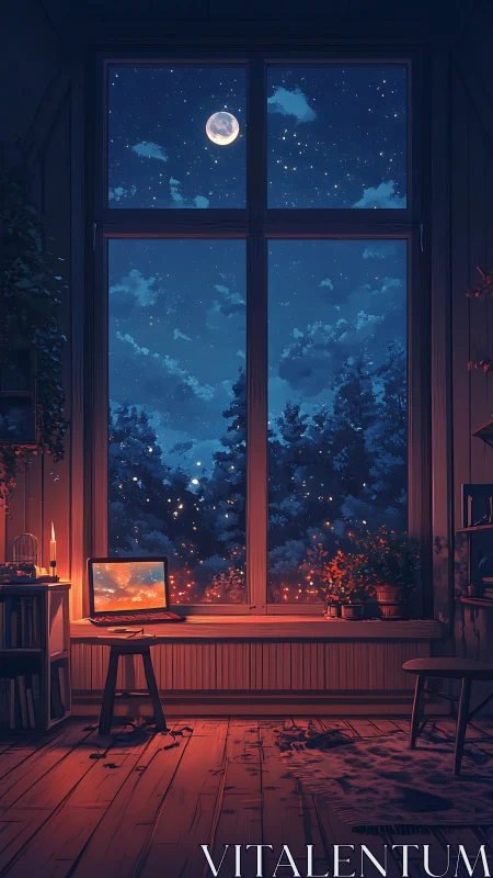 Interior workspace facing night sky through tall window.