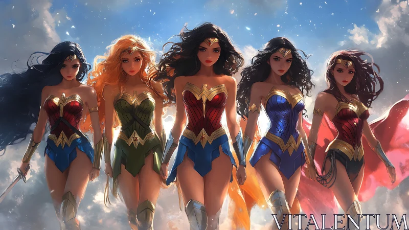 Five Fierce Heroines in Fantasy Armor Under Dramatic Skies.