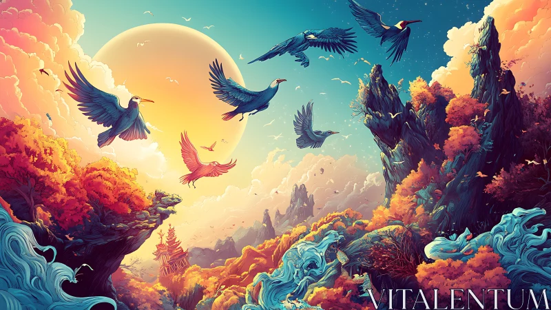 Sun-drunk cranes glide through candy clouds and carved peaks