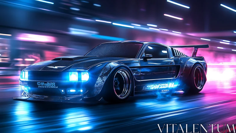 Neon-lit muscle car drifts through futuristic cyberpunk boulevard