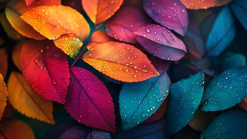 Rain-kissed rainbow leaves glowing in dreamlike color storm.