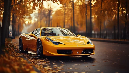 Golden supercar glows like bottled sunset on autumn avenue