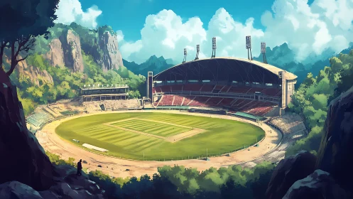 Mountain valley cricket stadium under clear blue sky.