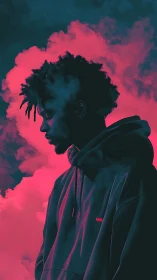 Neon smoke cradles a hooded thinker in electric hush