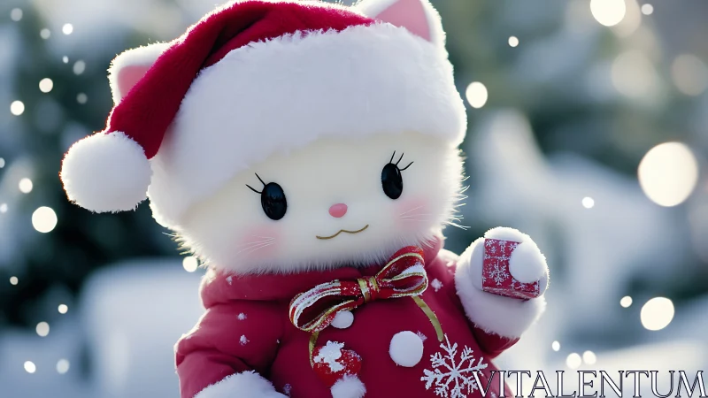 Kawaii winter cat character in festive digital painting style.