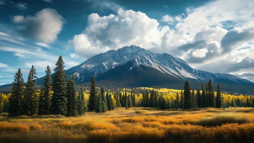 Alpine range above autumn conifer meadow under sculpted clouds.