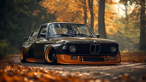 Lowered vintage BMW on forest road in warm autumn light.