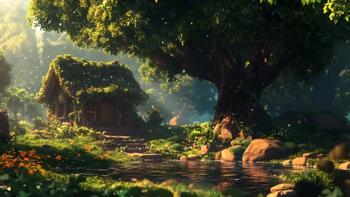 Enchanted forest cottage shelters by a tranquil woodland pond.