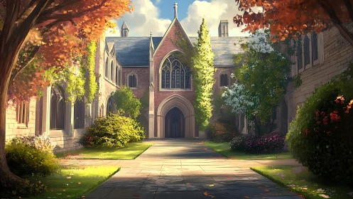 Sunlit gothic courtyard framed by autumn trees and ivy.