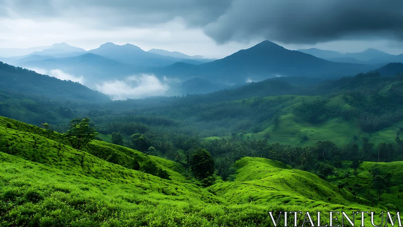 Emerald hills under stormy skies inviting quiet wandering.