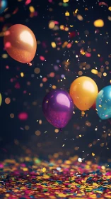 Colorful Balloons Against Dark Background with Confetti.