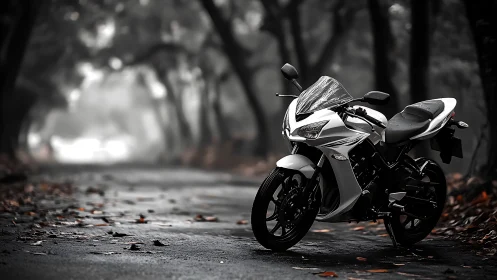 White sport motorcycle on wet forest road in soft focus.