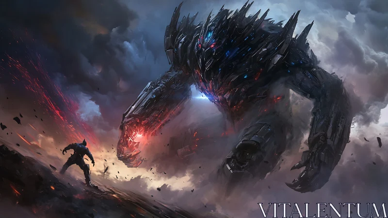 Stormlit stand-off with a colossal mech from the clouds.