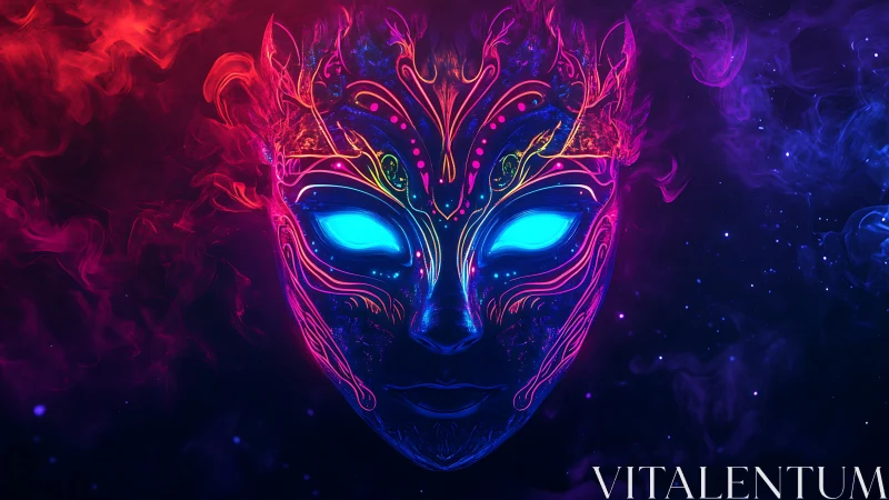 Luminous neon mask floats in swirling cosmic colored smoke