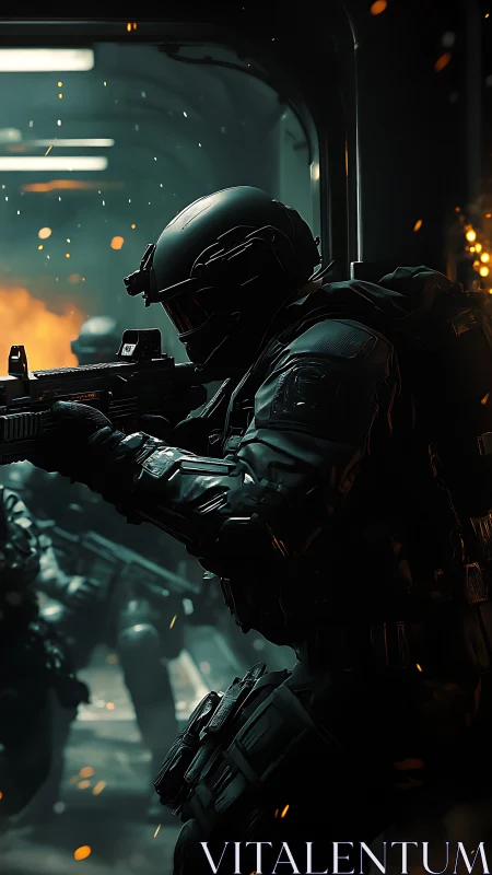 Heavily armed tactical unit advancing through corridor.