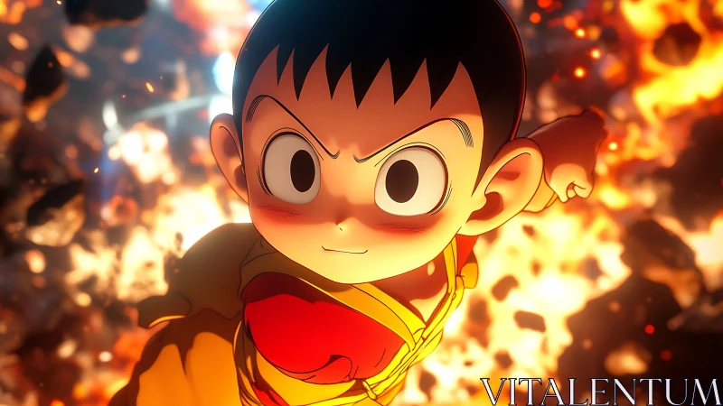 Fiery anime hero charges forward through erupting flames