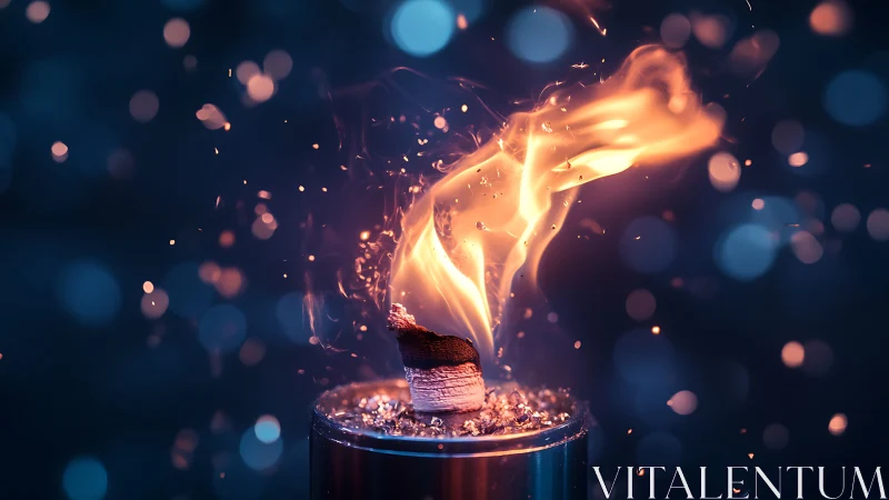 Luminous flame emerging from molten base with particle bokeh