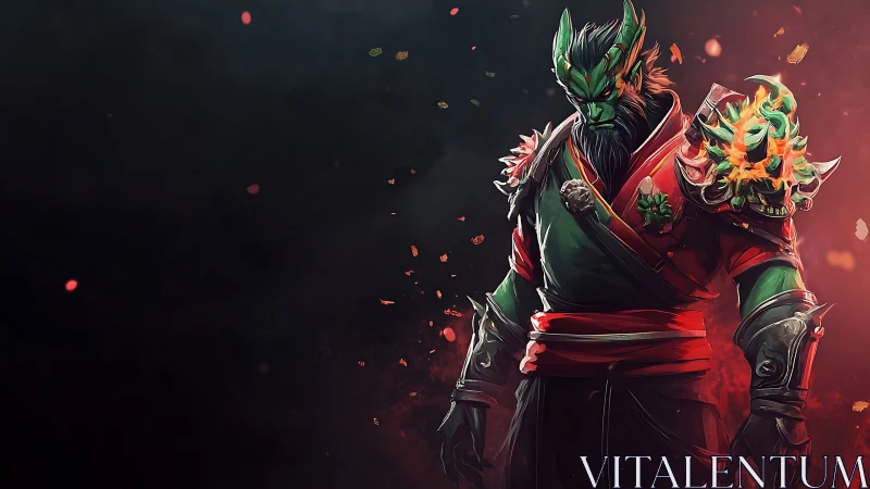 Green warlock broods while ember spirits circle his armor