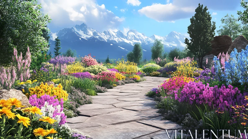 Stone garden path with wildflowers and distant mountains.