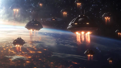 Orbital descent of domed fusion landers over luminous Earth.