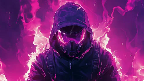 Hooded figure in gas mask amid neon pink flames.