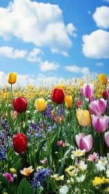 Colorful Tulip Field Under Blue Sky with Clouds.
